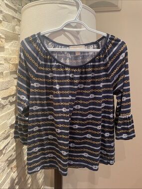 5/$25 Michael Kors Navy Chain-Print Tunic Top with Gold & White Accents